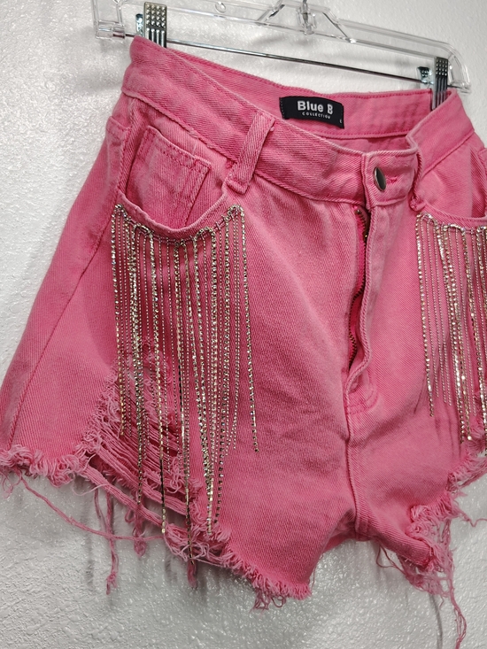Blue B Collection Pants - Blue B Collection - Pink Fringe Denim Shorts w/ Rhinestone Chains - Size 0